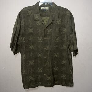 Tommy Bahama Dark Green Floral Textured Button Up Shirt Silk Large Hawaii Camp